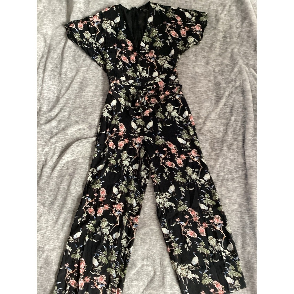 Banana Republic Black Birdseye Floral Crane Kimono Sleeve Wide Leg Jumpsuit 2